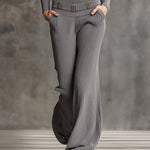 Fashionable Retro Gray Knit Half-zip Wide-leg Pants Set