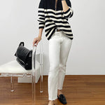 Mock Neck Zip-Up Striped Pullover Sweater