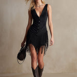 Western Retro Tassel Black Sleeveless V-Neck Faux Suede Mini Dress