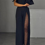 Stylish One Shoulder Slit Long Sleeve Mesh Splice Wide Leg Jumpsuit