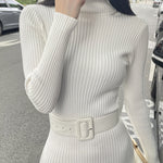 Elegant Turtleneck Sweater Dress Slim-fitting Belted Knee-length Knitted Dress