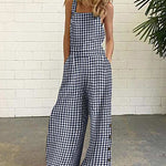 Sleeveless Overalls Jumpsuit Casual Plaid Print Summer Wide Leg Bib Jumpsuits