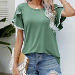 Pom-Pom Trim Flutter Sleeve Round Neck Tee Casual Blouses Tops
