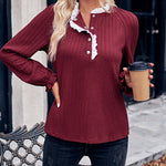 Solid Color Stand Collar Lace Long Sleeve Top Pullover