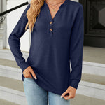 Solid Color V-Neck Button Loose Long Sleeve T-Shirt Top