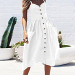 Solid Color Strap Open V-Neck Back Women's Dress with Pockets