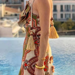 Rosalyn Unique Print 3D Butterfly Cutout Tassle Strap Halter Maxi Dress
