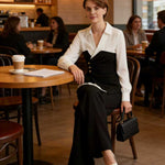 Elasticated Waist Irregularity Asymmetric Buttoned Contrast Color Split-Joint V-Neck Blouses&Shirts Tops