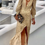 Gold Coast Long Sleeve V Neck Top Slit Skirt Set