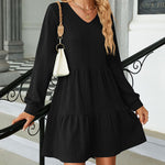 Solid Color Patchwork V-Neck Long Sleeves Loose-Fitting A-Line Dress