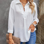Nadorine Half Sleeve V-Neck Shirts Loose Casual Chiffon Collared Tunic Work Blouse