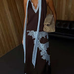 Sunday Social Contrast Color Satin Lace Trim Neck Strap Loose Tank