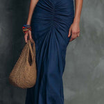 Boho-Vintage Elegant Imitation Denim Indigo Ruched Maxi Dress
