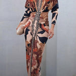 Unique Print Dolman Long Sleeve Ruched Slit Midi Dress
