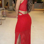 Stunning Gaze Knit Texture Ring Side Waist Cutout Stretch Maxi Dress（Note: top without lined, you can bring your own bra）