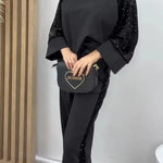 Stylish Sequined Loose-fitting Crew Neck Top and Casual Pocket Wide-leg Pants Set