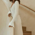 Long Sleeve Dress V-Neck Knit Maxi Dress Ribbed Elegant Long High Waist Pleated Dresses