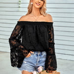 Nadorine Off The Shoulder Tops Floral Print Casual Loose Chiffon Bell Sleeve Blouse Shirts