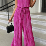 Bright Pink Belted Drape Pleated Wide Leg Jumpsuit