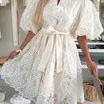 Summer Romance Embroidery Lace Puff Sleeve Button Tie-up Mini Dress