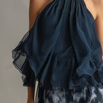 Elegant Urban Navy Blue Halter Neck Top And Printed Wide-leg Pants Chiffon Set