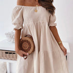 Off Shoulder Summer Casual Dresses Solid Loose Fit Short Flowy Pleated Dress Swing Beach Sundress