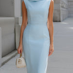 Light Blue Cowl Neck Sleeveless Fitted Midi Dress