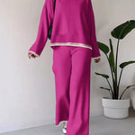 Nadorine Casual Two Piece Set Contrast Color Sweater Top & Wide Leg Pants