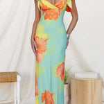 V Neck Ruffle Short Sleeves Floral Print Maxi Dress