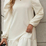 White Grid Textured Ruffle Hem Mini Dress