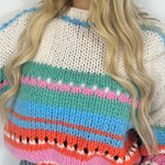Rainbow Mood Multicolor Round Neck Hollow Long Sleeve Knitted Sweater