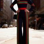 Elasticated Waist Long Sleeves Contrast Color Pockets Striped Half Turtleneck Jumpsuits