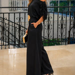Women's Satin Two Piece Set Convertible Shoulder Drawstring Sleeve Top and Wide Leg Pants Set without Belt