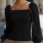 Ribbed Knit Top With Chiffon Balloon Sleeves