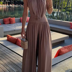 Lightweight Chic Metal Ring Drape Cowl Halter Neck Bodysuit and Elastic Waist Wide Leg Pants Set