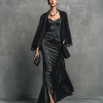 Women's Elegant Black Acetate Double-sided Satin Chiffon Dress Suit
