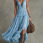 Sage Green Pleated Chiffon V-neck Flowing Maxi Dress