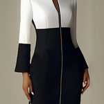 Long Sleeves Contrast Color Split-Joint Zipper Stand Collar Midi Dresses