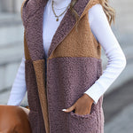 Hooded Sleeveless Colorblock Pocket Buttonless Mid-Length Cardigan Puff Velvet Jacket