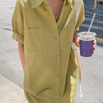 Oversized Button Down Maxi Shirt Dress Short Sleeve Side Split Casual Loose Solid Tunic Dress