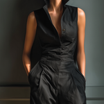Women's Black Cotton And Linen Blend Sleeveless Collared Jumpsuit With Cargo Pockets