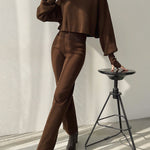 Women's Knitted Two Pieces Sets Turtleneck Cropped Sweater with High-waisted Flared Pants