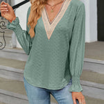 Solid Color Lace Patchwork V-Neck Loose-Fitting Long-Sleeved T-Shirt Top