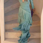 French V-neck long-sleeved tassel evening gown