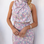 Sleeveless Halter Neck Printed Satin Dress
