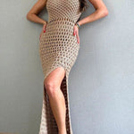 Smiles and Sunshine Knit Texture Hollow Tank Slit Stretch Maxi Dress
