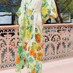 Summer Party Floral Print Balloon Sleeve Pocketed Belt Shirt Midi Dress