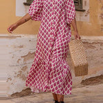 Half Sleeves Loose Buttoned Printed Stand Collar Midi Dresses