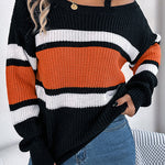 Striped Contrasting Metal Buckle Loose Long-sleeved Knitted Sweater