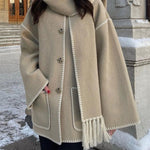 Women's Thickened Loose Woolen Coat with Fringed Scarf
